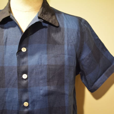 kenneth field open collar shirt -indigo block check-