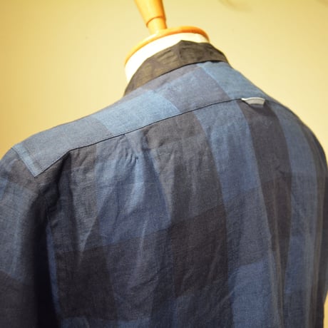 kenneth field open collar shirt -indigo block check-