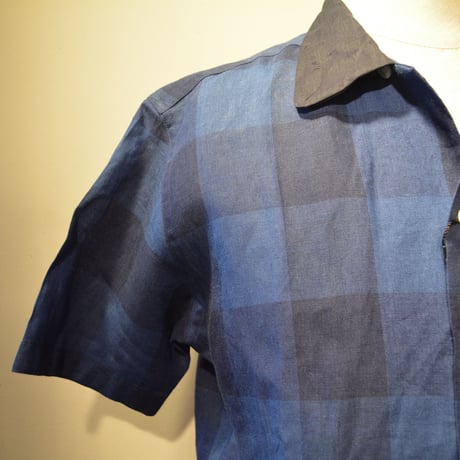 kenneth field open collar shirt -indigo block check-
