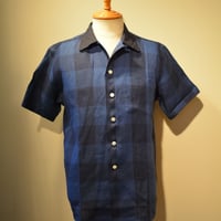 kenneth field open collar shirt -indigo block check-