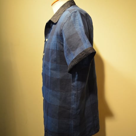 kenneth field open collar shirt -indigo block check-