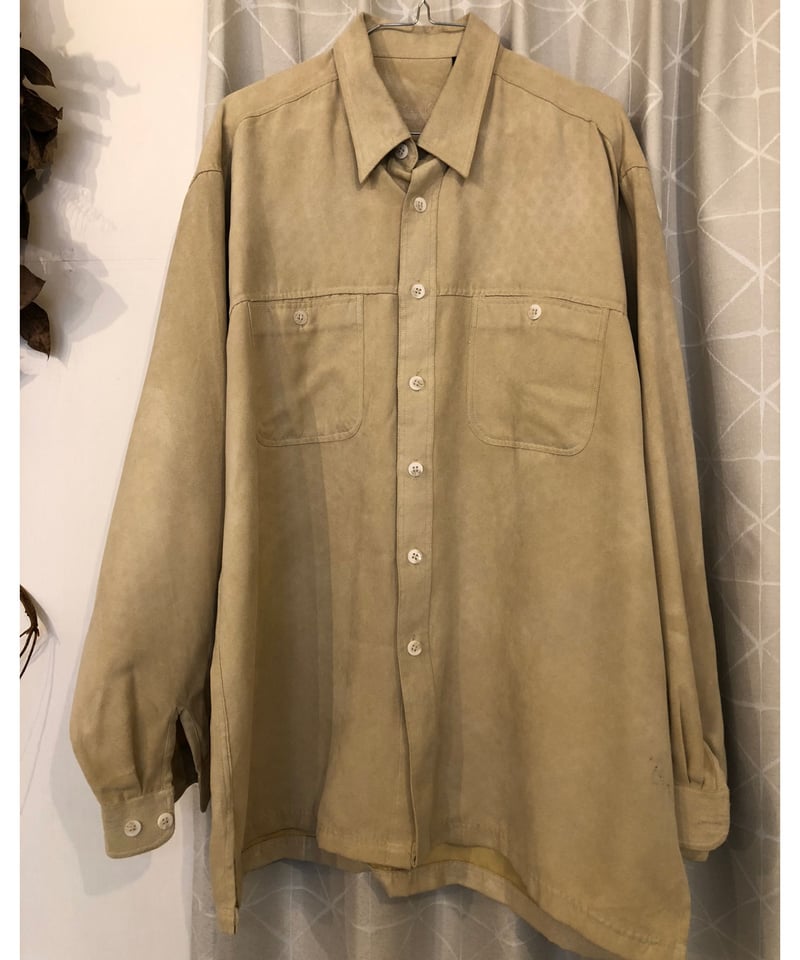 メンズ古着 両胸ポケット 砂漠色(イエローベージュ)スウェードシャツ L