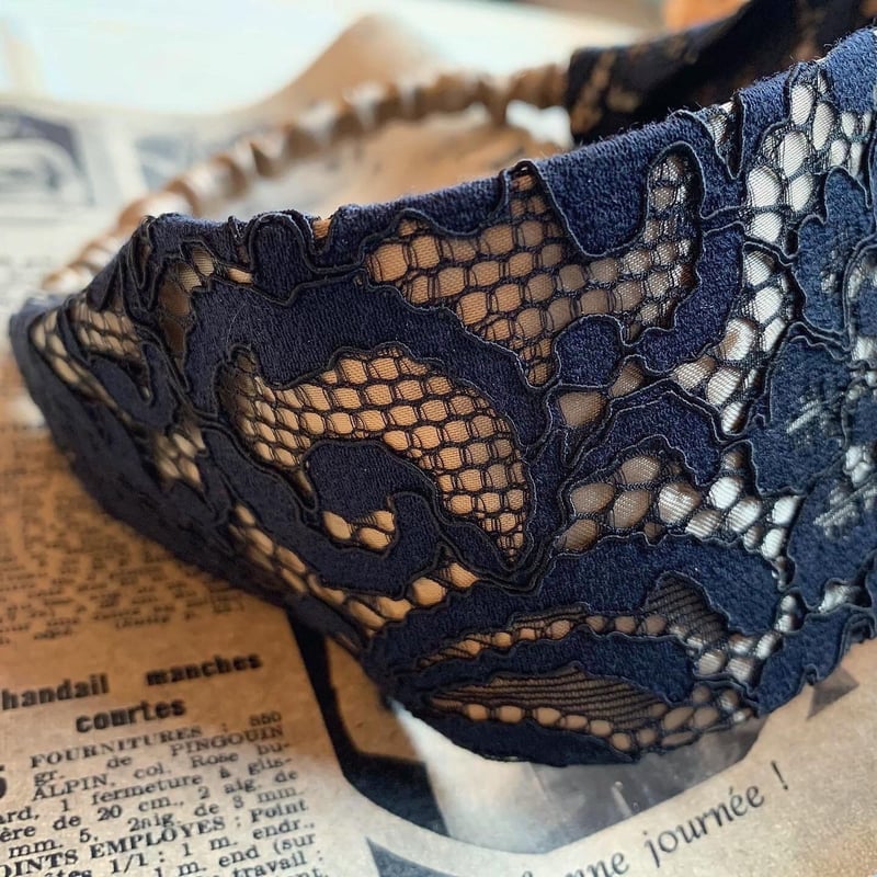 レース×サテンヘアバンド [navy × black] | Reinette