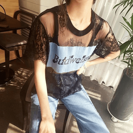 カジュアル総レースTシャツ・ブラック