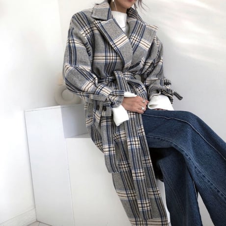マキシ丈ウール チェックコート