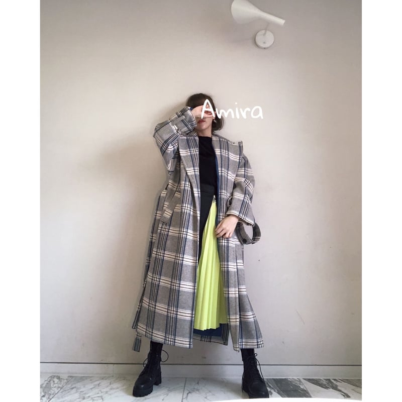 マキシ丈ウール チェックコート | Amira