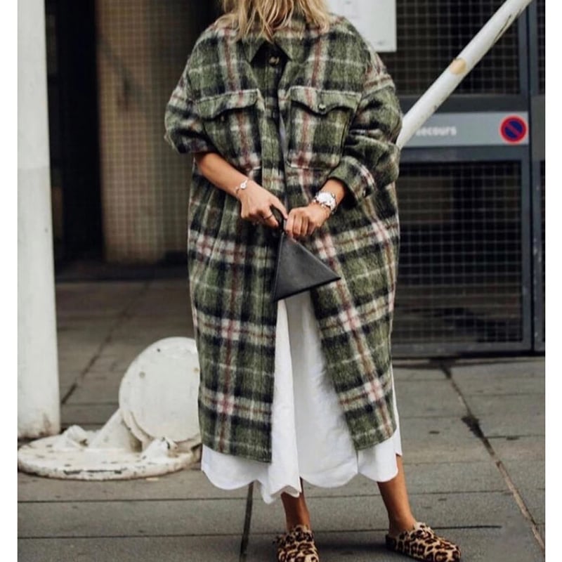 ウール チェックオーバーコート・グリーン(キルティングライナー付き