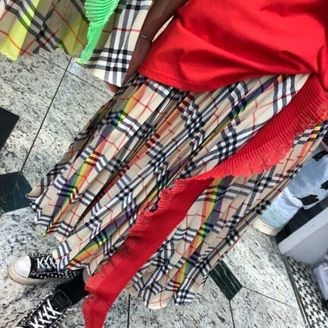 リメイク風チェックプリーツスカート・レッド