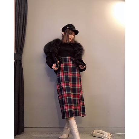 タータンチェック膝丈スカート・ネイビー