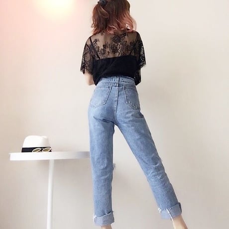 痩せ見えらくちんハイウエストダメージデニム