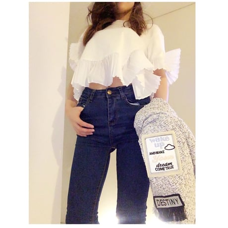 変形プリーツフリルTシャツ