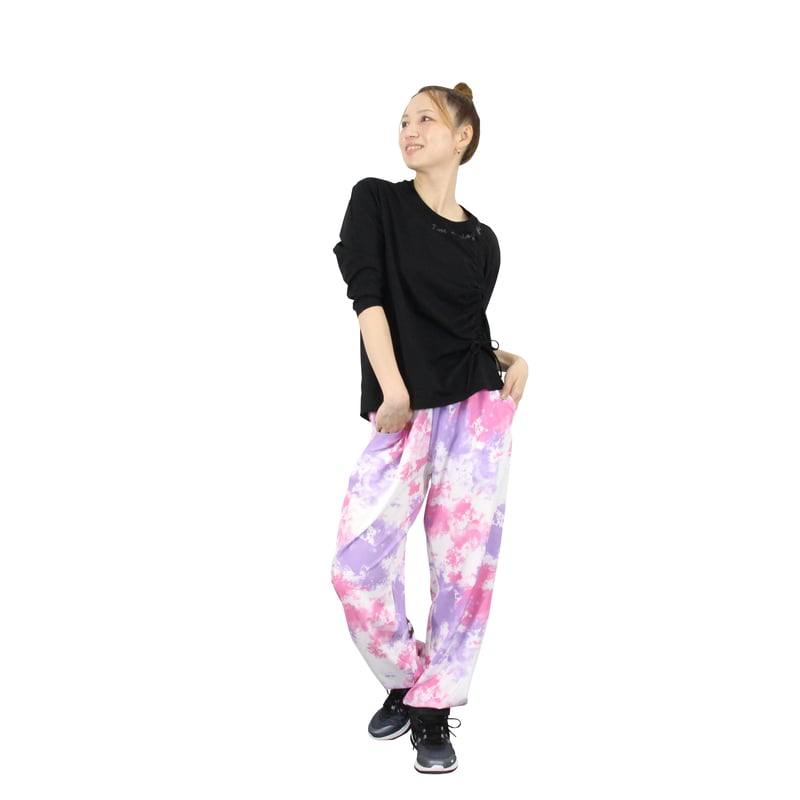 新作！Marble カラフル テーパードパンツ レディースM Marble）U2511-606 タイダイ柄ロングパンツ PINK×PURPLE UNISE