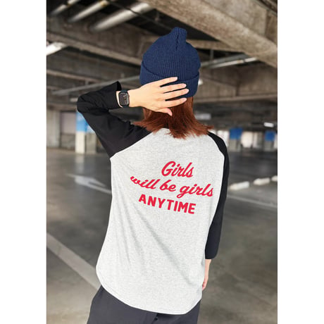 ANYTIME GIRLS 3/4 SLEEVE BASEBALL Tee　ヘザーグレー x ブラック　MサイズLサイズ