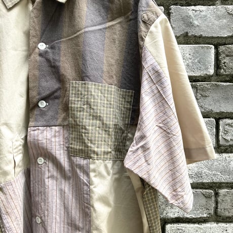 【sunny side up】 Patchwork Open Collar Shirt Beige サイズ3 サニーサイドアップ  リメイク シャツ