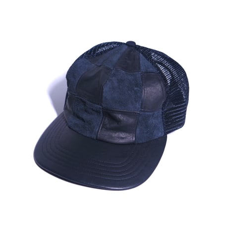 THHEME NAVY LEATHER PANEL TRUCKER CAP