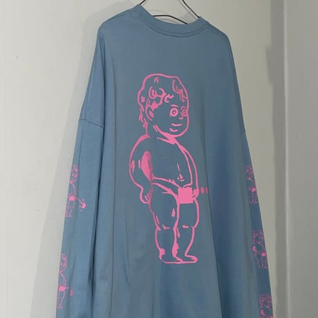 oversizeおしっこくんだらけビッグシルエットロンT pink/ash blue