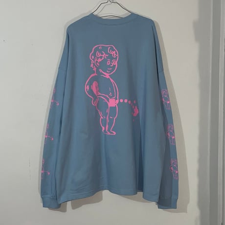 oversizeおしっこくんだらけビッグシルエットロンT pink/ash blue