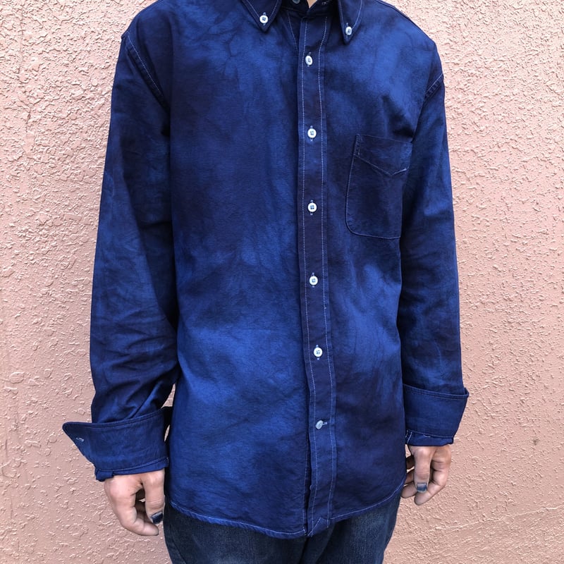 45R 超希少　藍染め オープンカラーシャツ　開襟シャツ　藍染　インディゴ 藍染め 長袖 シャツ メンズ ボタンダウン オックスフォードシャツ 襟付