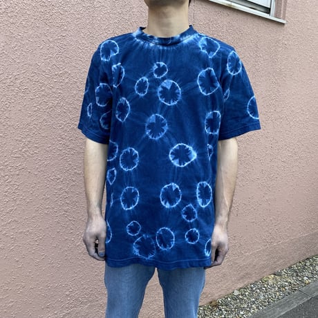王玉絞り水玉模様藍染めTシャツ　XLサイズ　男女兼用　『一点物』