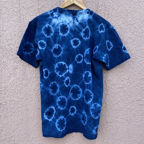 王玉絞り水玉模様藍染めTシャツ　Mサイズ　男女兼用　『一点物』