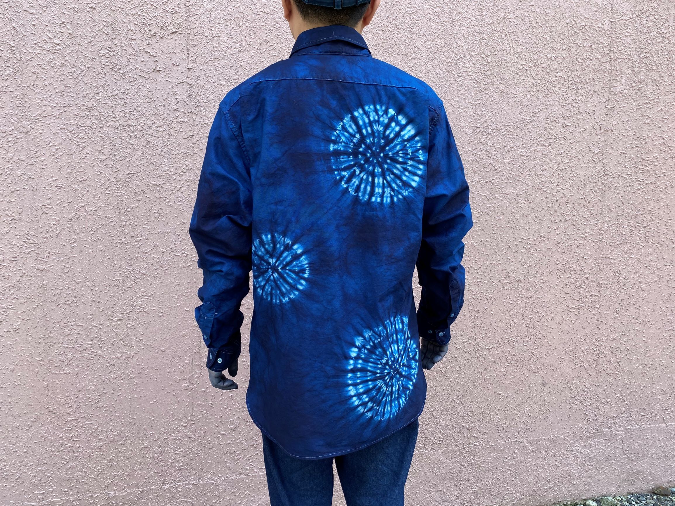 [未使用品] 45R 藍染 ろうけつ染 サイズ3 総柄 長袖シャツ ロゴ刺繍 日頃の感謝を込めて大特価！！藍染めオックスフォード長袖Yシャツ 唐松
