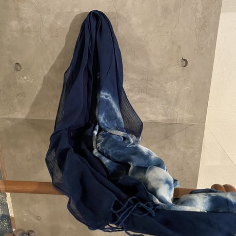 藍染めガーゼストール絞り染めハーフ模様 房付き 185×60cm 男女兼用 『一点物』