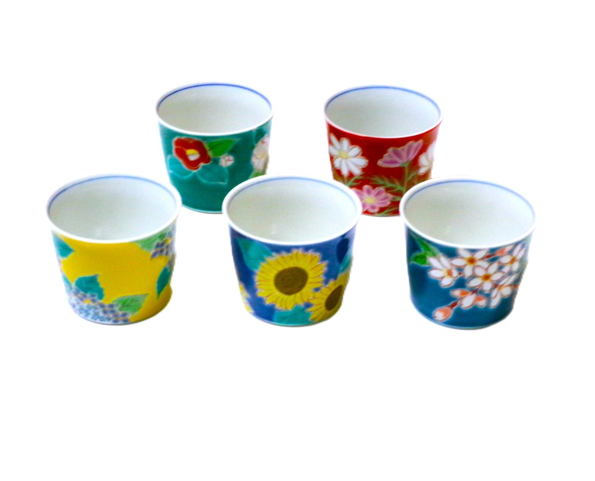 九谷焼 青郊窯 四季の花 フリーカップ 5点セット【和食器 酒器