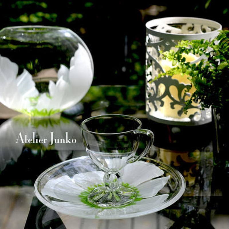 アトリエジュンコ　キャンドルホルダーホワイト&ティーキャンドルスタンド Lサイズ ティーキャンドルスタンド グラスシェード Candle Stand Glass