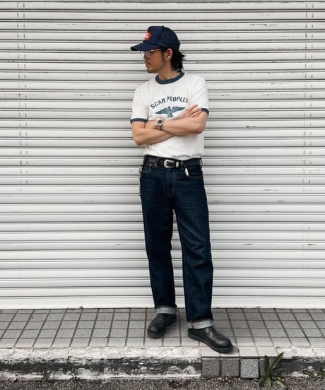 Wing Glyph Ringer Tee / Natural × Dusty Blue