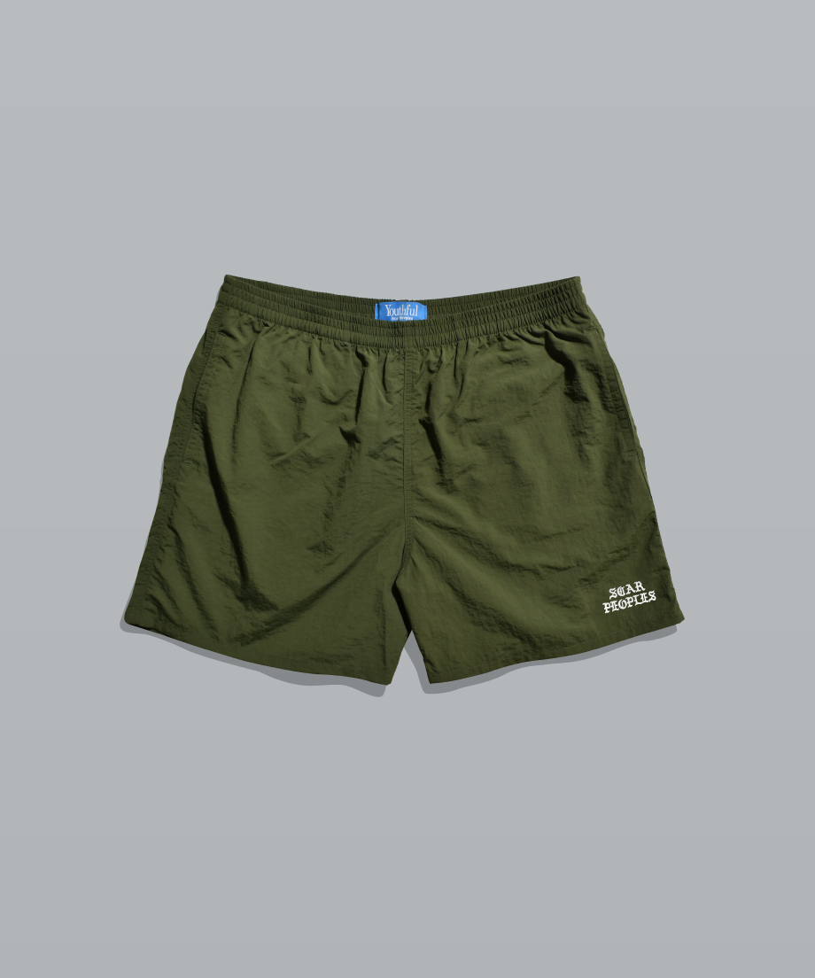 Hype Logo Nylon Shorts / Olive | Youthful Scar
