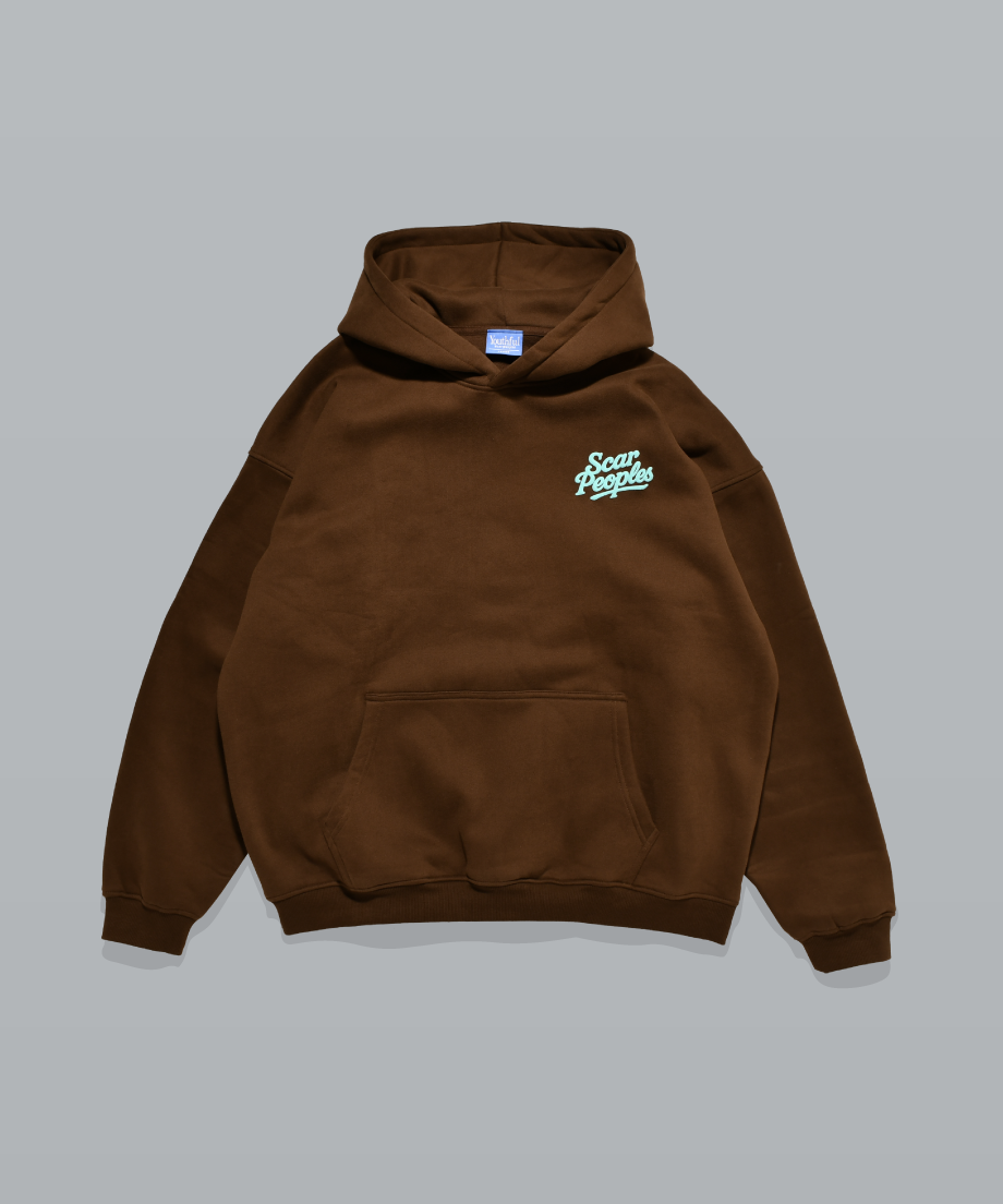 ミュージシャン EMBROIDERY LOGO HOODIE / CHOCOLATE BROWN Heritage Logo Hoodie / Brown | Youthful Scar Pe