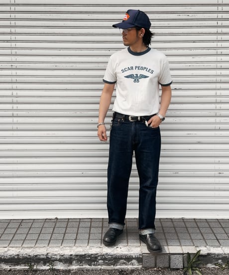 Wing Glyph Ringer Tee / Natural × Dusty Blue
