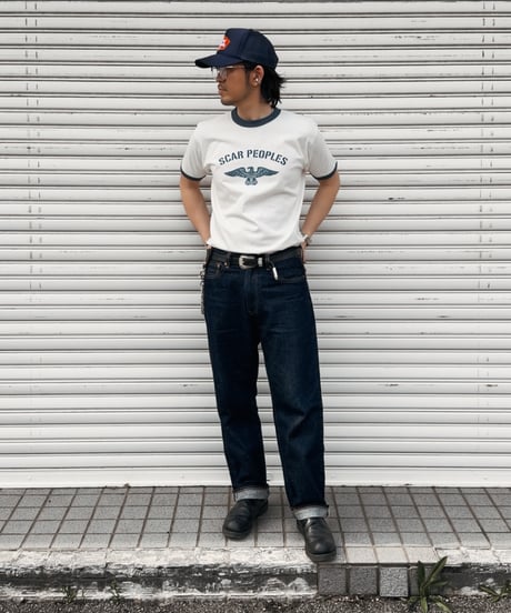 Wing Glyph Ringer Tee / Natural × Dusty Blue