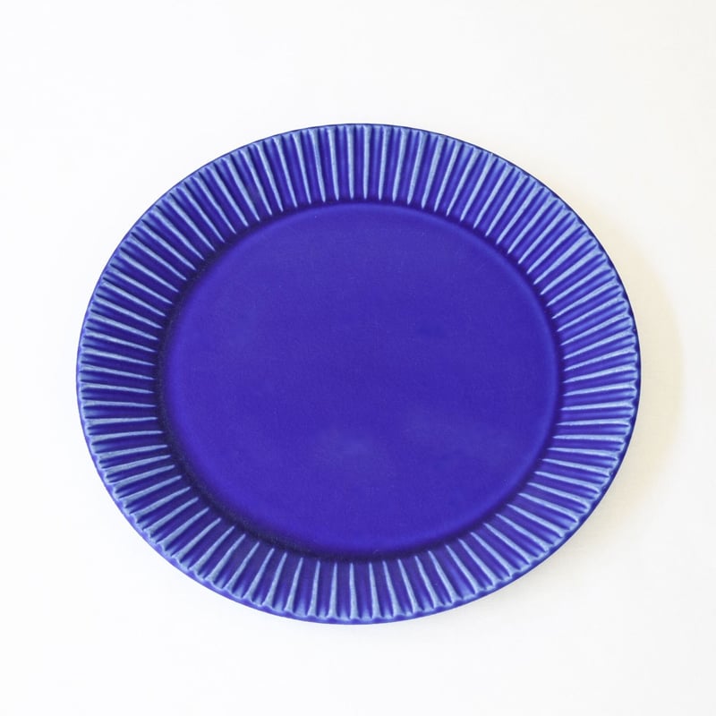 青白ストライプ波状エッジ皿 26cm 陶印あり 青白ストライプ波状エッジ