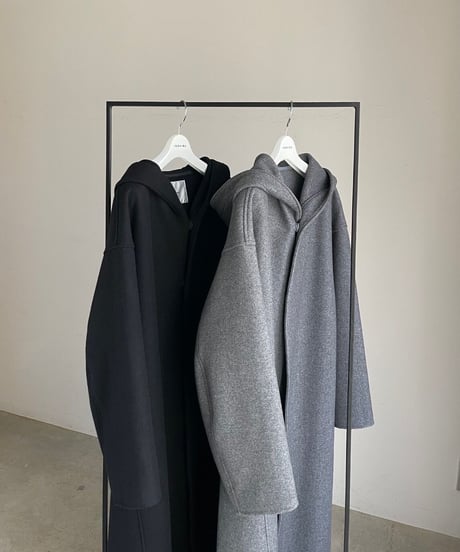 wool melton hoodie long coat/2color