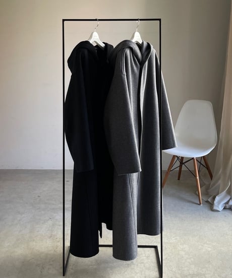 wool melton hoodie long coat/2color