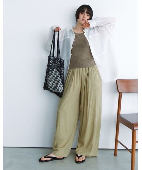 sheer wide tucked pants / 3color
