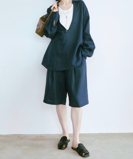 【setup対応】relaxed open linen shirt / linen tuck shorts /2color