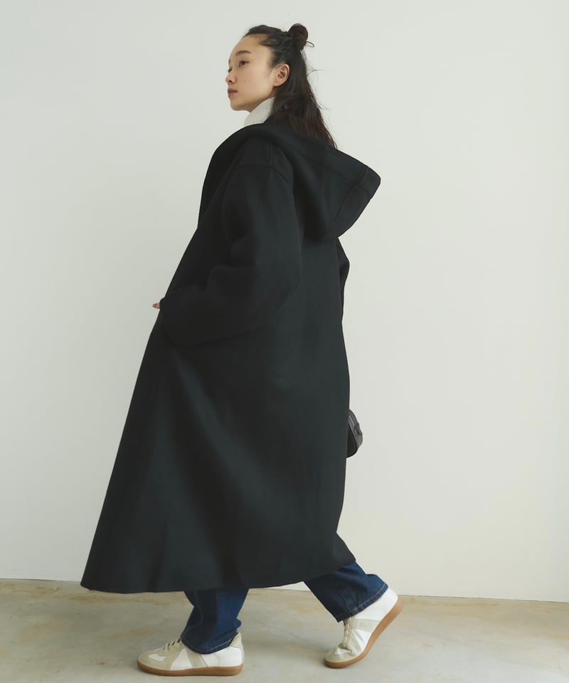美品　FASHRU メルトンフーディーロングコート　ウール　コットン　フード　黒 wool melton hoodie long coat/2color | F A S H I