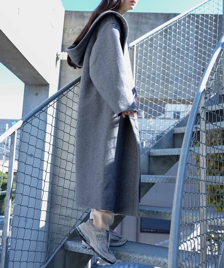 wool melton hoodie long coat/2color