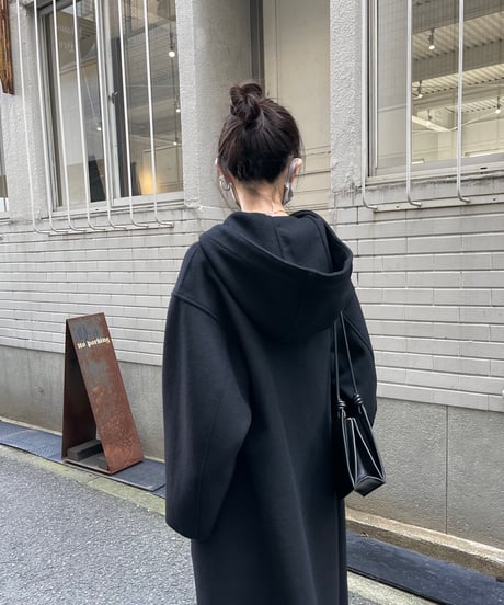 wool melton hoodie long coat/2color