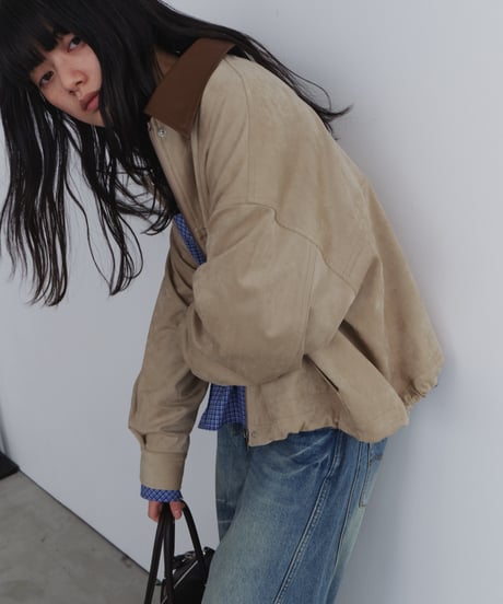 Leather Collar Suede Drawstring Jacket / 2color