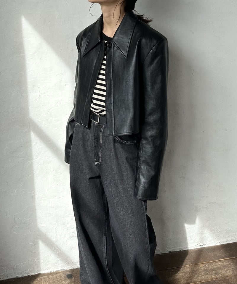 フード レイヤード レザージャケット r-2948 cropped fake leather jacket/2color | F A S H I R U