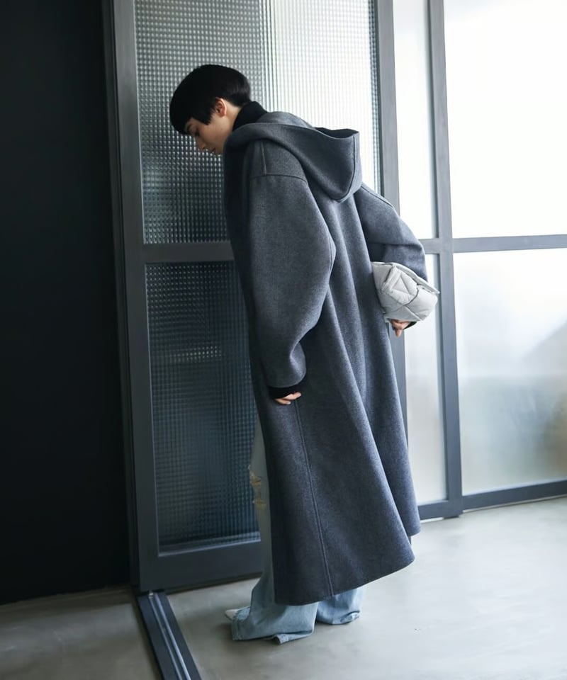 wool melton hoodie long coat/2color | F A S H I