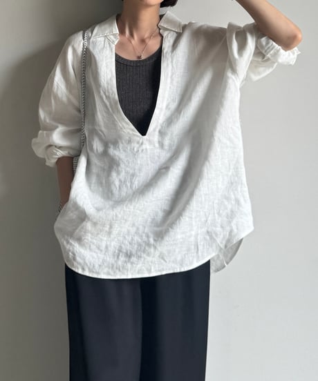 【setup対応】relaxed open linen shirt / linen tuck shorts /2color