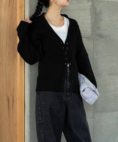 curved form V neck cardigan/3color