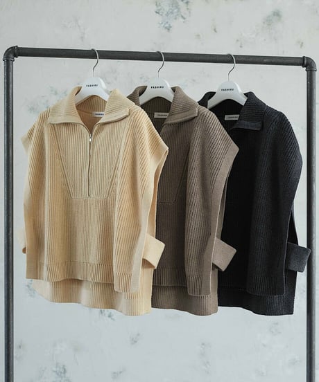 *【一部予約】half zip knit vest/3colors 即納：charcoal,ivory 10月初旬〜中旬入荷分：greige