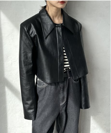 cropped fake leather jacket/2color