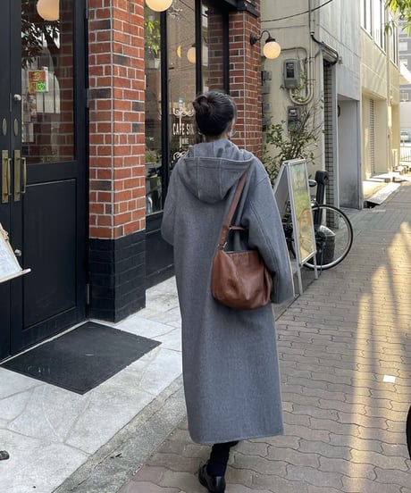 wool melton hoodie long coat/2color