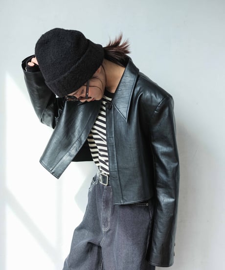 cropped fake leather jacket/2color